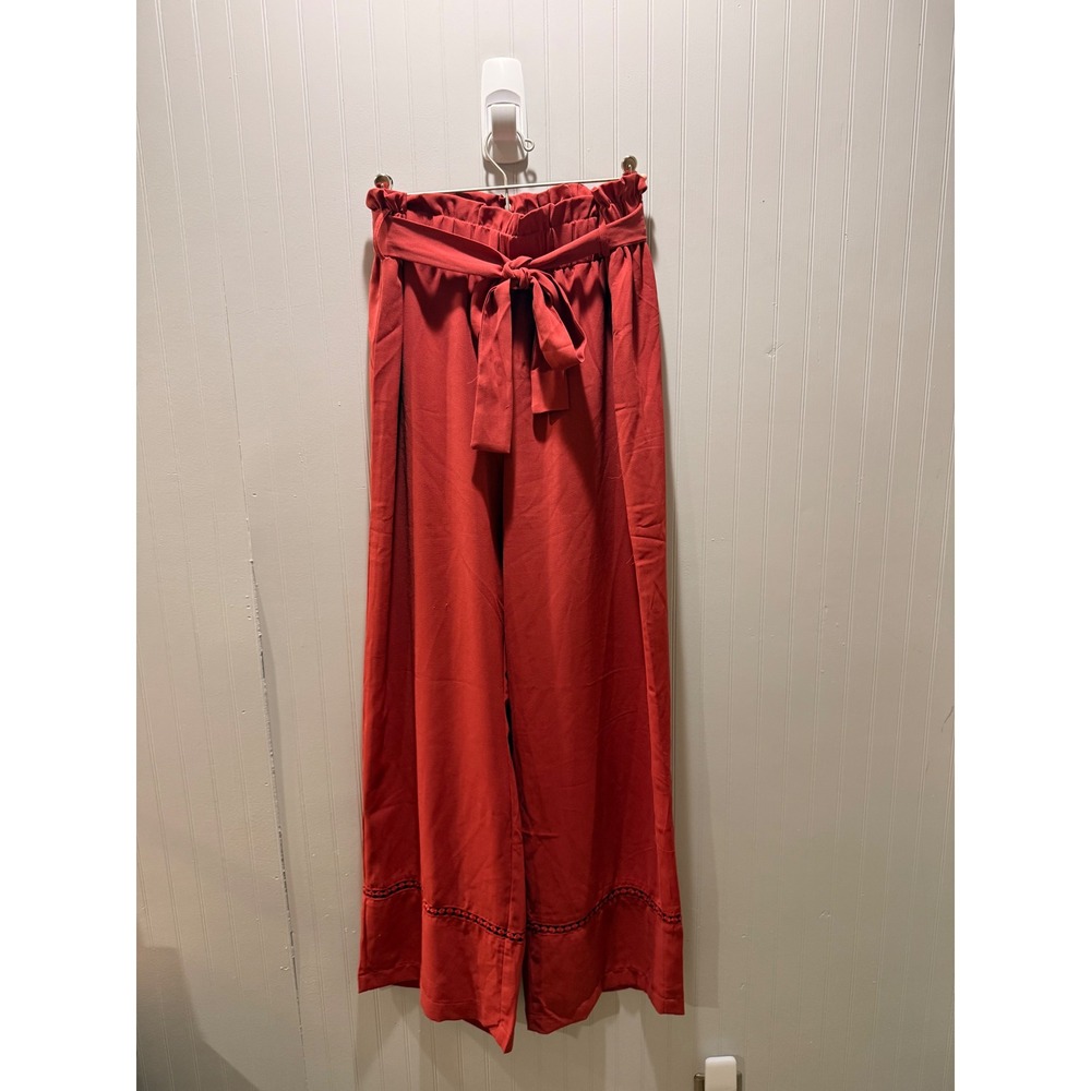 Coco + Carmen Rust Red Wide Leg Paperbag Waist Pants Crochet Trim S/M